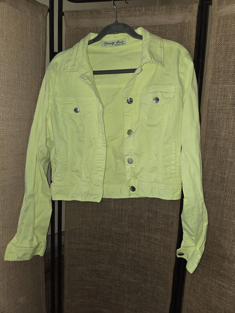 Y2k Celebrity Pink Original Denim Neon Yellow Green Cropped Denim Jacket Size L